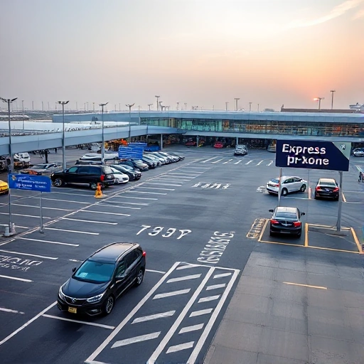 A modern airport parking area with express pick-up zone, featuring clear signage, designated lanes for quick drop-off and pick-up, vehicles waiting briefly near the terminal entrance, well-lit pavement, minimal traffic congestion, and a clean, organized layout with subtle airport branding in the background