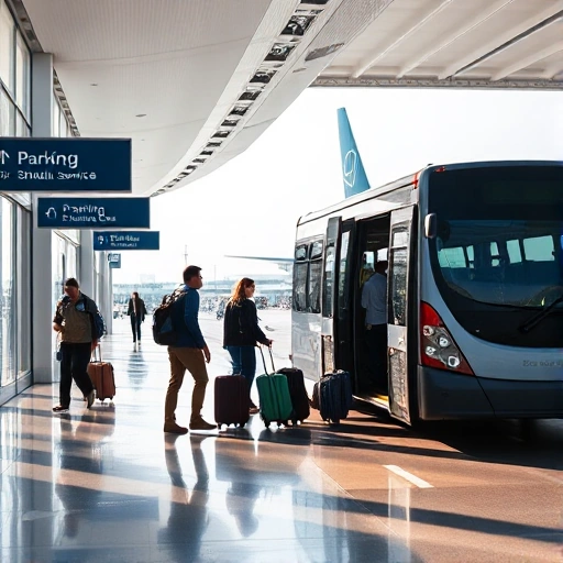A modern airport terminal with clear signage for parking and shuttle services, showing travelers easily loading luggage into a shuttle bus that connects to the aircraft, with a calm, efficient atmosphere and soft daylight
