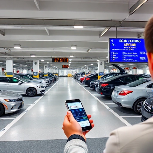 A modern airport parking facility with clear signage, cars parked in organized rows, a digital display showing available spots, and a person using a smartphone to book parking online, all in a clean, professional setting with bright daylight and minimal clutter