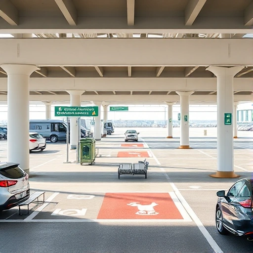 A modern airport parking area with designated pet-friendly zones, featuring clear signage for pet relief areas, water stations, waste disposal bins, and shaded seating for travelers with pets, cars parked nearby, soft daylight, clean and organized layout, no people visible, focus on infrastructure and amenities