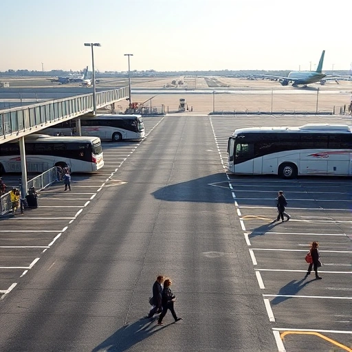 A modern airport parking area with multiple shuttle buses arriving and departing, clear signage for parking zones, travelers with luggage walking to and from buses, well-lit asphalt surface, distant airport terminal buildings in the background under a clear sky, realistic daytime lighting, no text or letters visible in the scene