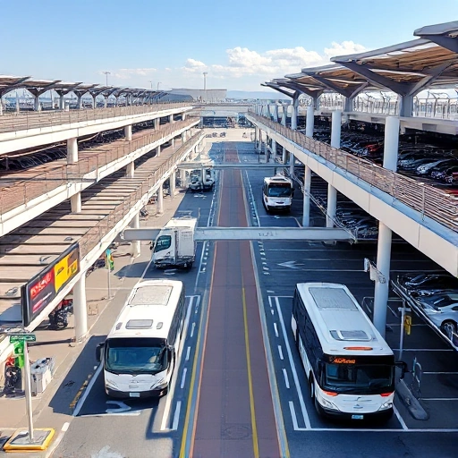 A modern airport parking facility with clear signage, multiple levels of covered and open parking spaces, shuttle buses transporting passengers to terminals, electric vehicle charging stations, and well-lit pathways, all captured in a clean, realistic daytime scene with minimal clutter and no visible text or logos