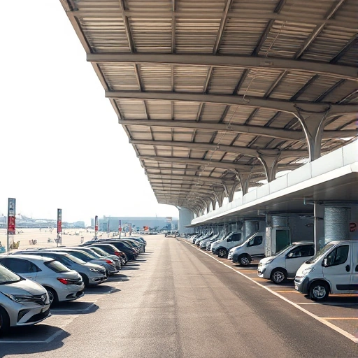 A modern airport parking area with covered loading docks, featuring sleek vehicles parked under long, transparent or white canopy structures supported by steel beams, with clear signage for loading zones, airport terminals visible in the background under a bright sky, clean asphalt surfaces, and organized traffic flow — no people, no text, no advertisements, no clutter