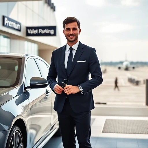 A professional valet attendant in a crisp uniform holding car keys, standing beside a luxury vehicle at a modern airport terminal entrance, with clear signage for 'Premium Valet Parking' and a sleek airport backdrop including moving walkways and distant aircraft under a bright sky
