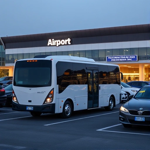 A modern shuttle bus parked near an airport terminal with clear signage for airport parking, surrounded by cars in a well-lit parking lot, daytime, clean and professional atmosphere, no people visible, focus on the shuttle and parking infrastructure