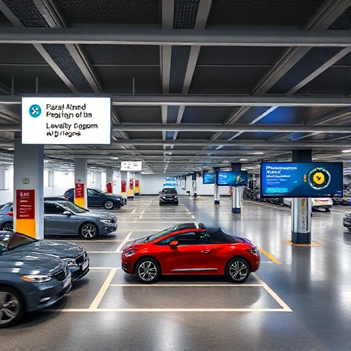 A modern airport parking area with clear signage for loyalty program benefits, showing cars parked in designated zones, digital displays advertising rewards, and a sleek, professional atmosphere with subtle branding elements