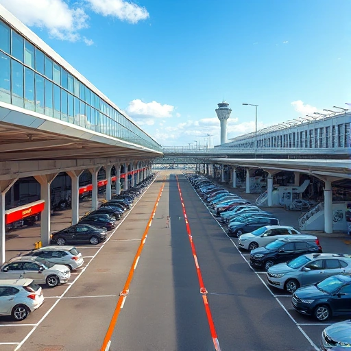 A modern airport parking area with covered walkways connecting to terminal buildings, featuring sleek architectural design, clear signage, vehicles parked in organized rows, and pedestrians walking under sheltered pathways with glass and steel canopies, daylight, clean urban environment