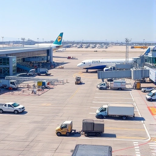 A modern airport parking area with vehicles parked near terminal buildings, baggage carts transporting luggage between aircraft and terminals, ground handling equipment in operation, clear sky, daytime lighting, realistic details