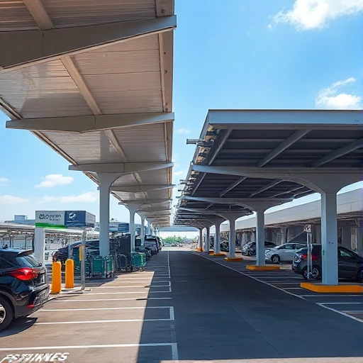 A modern airport parking area with covered drop-off points, featuring sleek canopies over vehicle lanes, clear signage for passenger drop-off, electric vehicle charging stations nearby, and well-lit pedestrian walkways leading to terminal entrances. The scene includes a few cars and luggage carts under the cover, with a clean, organized layout under a bright daytime sky.