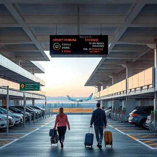 A modern, clean airport parking facility with multiple levels, clearly marked parking spaces, electric vehicle charging stations, and a digital sign showing real-time availability. A family with luggage walks toward a shuttle bus stop under a covered walkway. The sky is bright and clear, with subtle airport runway lights visible in the distance. No text, signs with words, license plates, or logos are visible.