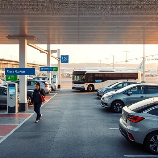 A modern, stress-free airport parking scene with clear signage, automated payment kiosks, spacious well-lit parking spots, electric vehicle charging stations, and a shuttle bus arriving to transport passengers to the terminal — all in a clean, organized, and calm environment with soft natural lighting and minimal congestion