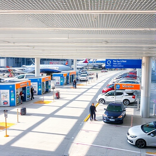 A modern airport parking area with clear signage for car rental services, featuring several rental company booths, parked cars near terminals, travelers with luggage, and a clean, organized layout under bright daylight