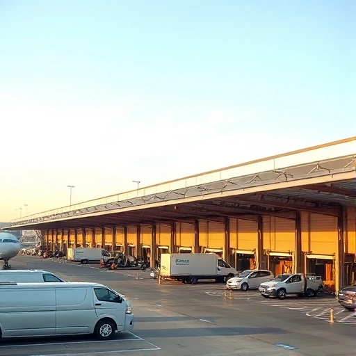 A modern airport parking area with covered loading docks, featuring sleek vehicles parked under long, transparent canopies supported by steel beams, ground crew loading cargo onto trucks beneath the docks, clear daytime sky, minimal signage, no people visible, focus on architecture and logistics infrastructure