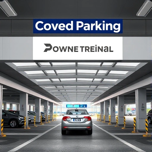 A modern airport parking facility with clear signage indicating covered parking, a vehicle entering a sheltered parking structure with a roof, well-lit pathways, and easy access from the terminal, all in a clean, realistic, high-quality style