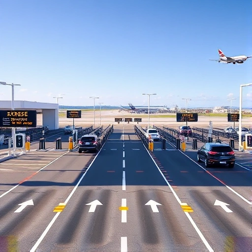 A modern airport parking area with clearly marked express lanes for quick drop-off and pickup, featuring sleek signage, automated barriers, electric vehicle charging stations, and smooth traffic flow under bright daylight, with distant airport terminals and aircraft visible in the background