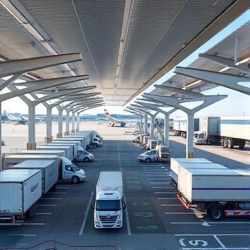A modern airport parking area with covered loading zones, featuring sleek canopies over designated loading bays, trucks and cargo vehicles parked underneath, clear signage for loading/unloading, paved surfaces, airport terminals visible in the background, daylight, clean and organized layout, no people visible