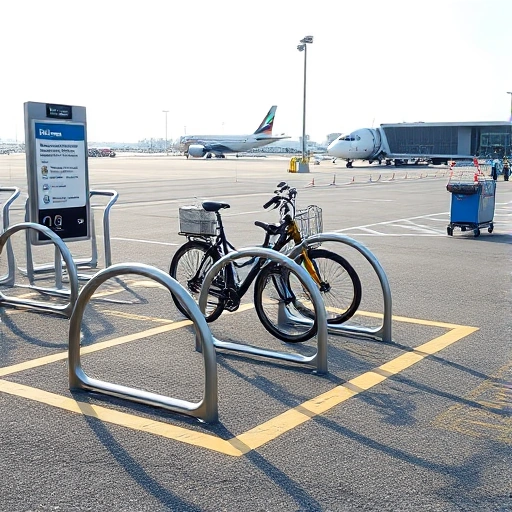 A modern airport parking area with designated bicycle racks near the entrance, featuring sleek metal bike stands holding several bicycles, clear signage for bike parking, paved asphalt surface, distant airport terminal buildings with glass facades, luggage carts nearby, soft daylight, clean and organized environment, no people visible