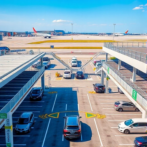 A modern airport parking facility with clear signage, multiple levels of organized parking spaces, electric vehicle charging stations, shuttle buses transporting passengers to terminals, and a distant view of airplanes on the tarmac under a clear blue sky