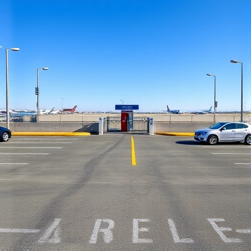 A modern, well-lit parking lot with clear signage indicating 'Affordable and Secure Parking Near Airport', featuring clean asphalt, visible security cameras, a gated entrance with a guard booth, and a few cars parked neatly. In the background, distant airport terminals and airplanes on the tarmac are faintly visible under a clear blue sky. No text, letters, or digits appear on any surfaces in the image.