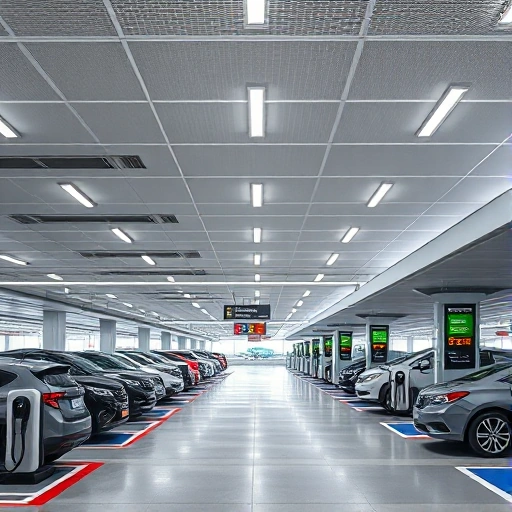 A modern airport parking facility with clear signage, electric vehicle charging stations, covered walkways to terminals, and a digital display showing real-time availability, all in a clean, efficient, and user-friendly design