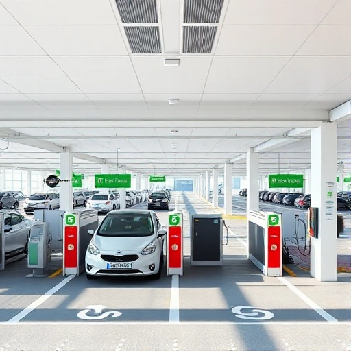 A modern airport parking facility with clear signage, automated entry/exit gates, electric vehicle charging stations, and a mobile app interface showing real-time spot availability, all under bright daylight with clean lines and minimalistic design