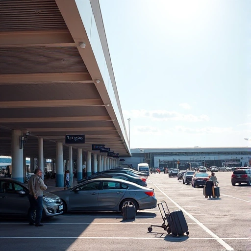 A modern airport parking facility with clear signage, spacious parking spots, and travelers loading luggage into cars near a terminal building under a bright sky