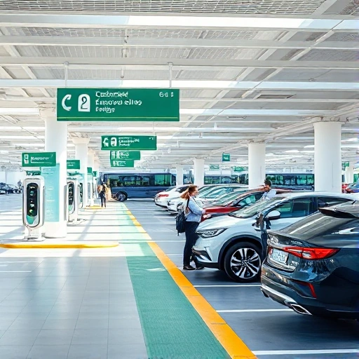 A modern airport parking area with clear signage, electric vehicle charging stations, and customer service staff assisting travelers near a shuttle bus stop, clean and organized layout, daytime lighting, realistic details
