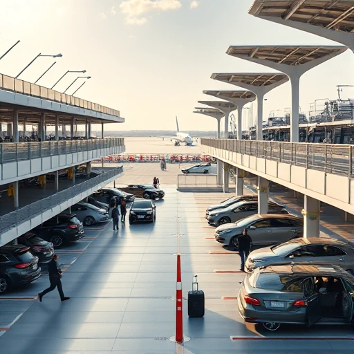 A modern airport parking facility designed for long trips, featuring spacious multi-level parking structures with clear signage, electric vehicle charging stations, covered walkways connecting to terminals, solar panel canopies, and travelers loading luggage into sedans and SUVs under soft daylight, with distant aircraft visible on the tarmac and a calm, organized atmosphere