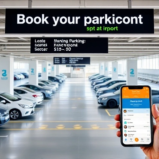 A modern airport parking area with clear signage showing 'Book your parking spot at airport', cars parked in organized rows, a digital display showing available spots, and a smartphone screen with a parking reservation app open, all in a clean, professional setting with bright daylight