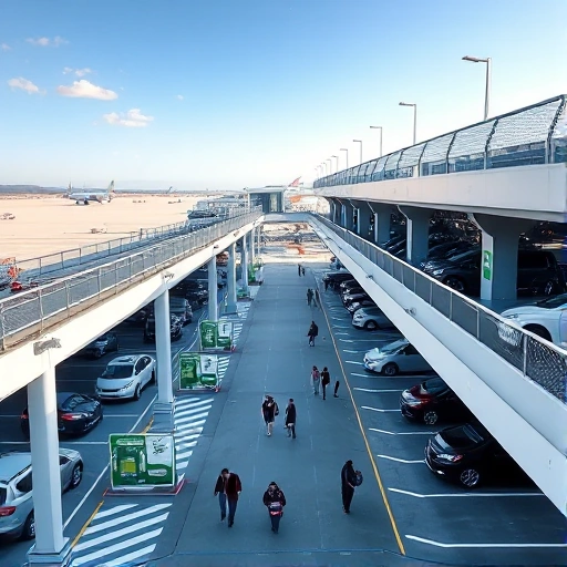 A modern, sleek parking facility at an airport with multiple levels, automated car lifts, electric vehicle charging stations, clear signage, and travelers walking to terminals under a bright sky, with airplanes visible in the background on the tarmac