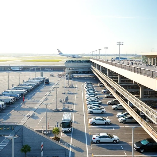 A modern airport parking facility with clear signage, multiple levels of covered and open parking spaces, shuttle buses transporting passengers to terminals, electric vehicle charging stations, and well-lit walkways, all under a bright daytime sky with subtle airport runway views in the background