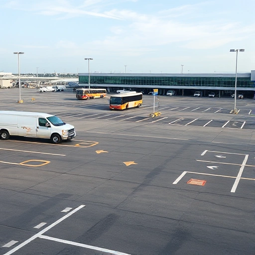 A modern airport parking lot with clearly marked affordable parking spaces, shuttle buses transporting passengers to terminals, and a visible sign indicating 'Affordable Parking' in a clean, well-lit environment during daytime