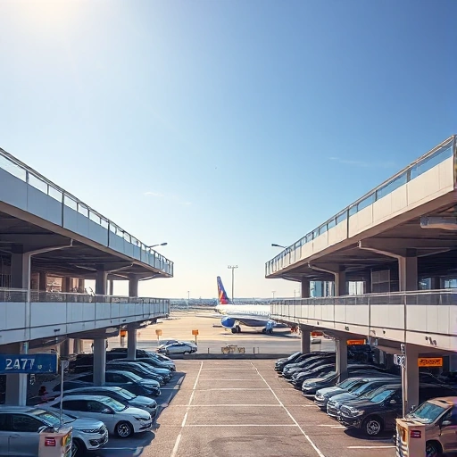 A modern 24/7 airport parking facility with multiple levels, clear signage, well-lit lanes, security cameras, automated payment kiosks, and vehicles parked in organized rows under a bright daytime sky, with distant airport terminals and airplanes visible in the background