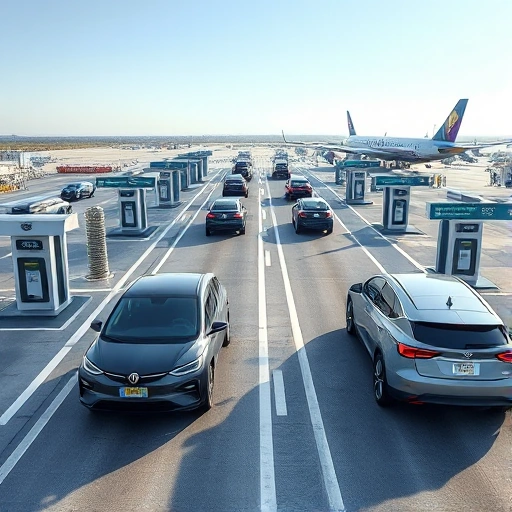 A modern airport parking facility with clearly marked express lanes for quick drop-off and pickup, featuring sleek electric vehicles moving through dedicated lanes, automated toll booths, directional signage, and a clean, minimalist design under bright daylight, with airport terminals visible in the background and no pedestrians or congestion