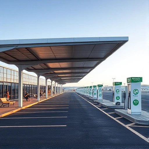 A modern airport parking area with covered waiting zones featuring sleek canopies, benches under shaded structures, travelers waiting calmly, electric vehicle charging stations nearby, clear signage, soft daylight, minimalist design, no crowds, no vehicles in motion, clean asphalt, glass and steel architecture, serene atmosphere