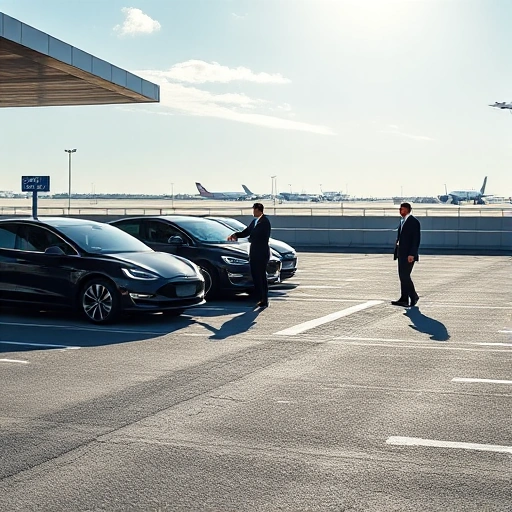 A modern airport parking area with express valet service, featuring sleek electric vehicles being handed over by uniformed valet attendants to travelers near a covered drop-off zone, clear signage for 'Express Valet', smooth asphalt lanes, distant airport terminals in the background under a bright sky, minimalist design, high detail, realistic lighting