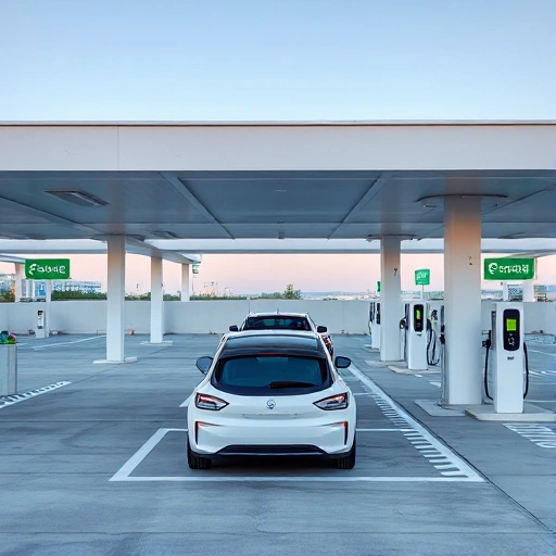 A modern airport express parking area with clear signage, compact electric vehicles parked in designated spots, sleek charging stations, and a minimalist design with clean lines and soft ambient lighting, viewed from a slightly elevated angle during daytime with clear skies