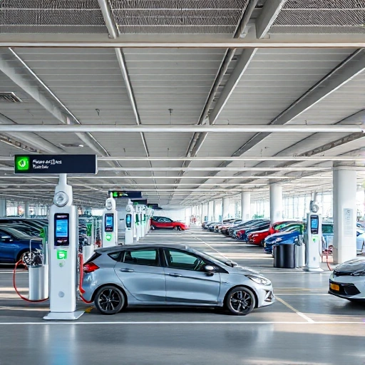 A modern airport parking area with clear signage, automated payment kiosks, electric vehicle charging stations, and travelers easily finding their cars via a mobile app interface, all under bright daylight with clean lines and minimal clutter