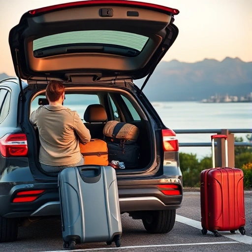 A person parking their car in a scenic travel destination, with luggage in the trunk and a suitcase nearby, suggesting they are about to embark on a journey; the car is neatly parked in a designated spot with a subtle travel-themed background like mountains, beaches, or foreign city skylines in the distance, soft natural lighting, realistic but slightly idealized
