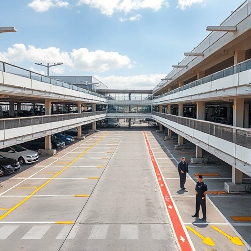 A modern airport parking facility with multiple levels, clearly marked parking spaces, security cameras, and uniformed security personnel patrolling, under bright daylight with a clear sky, showing a sense of safety and 24-hour operation