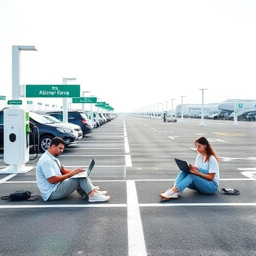 A modern airport parking area with clear signage, electric vehicle charging stations, and travelers using laptops and smartphones connected to free WiFi, bright daylight, clean asphalt, minimalist design, no people faces visible, focus on infrastructure and connectivity