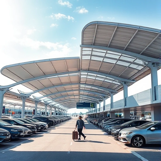 A modern covered parking structure for airport travelers, featuring a sleek canopy with integrated lighting, rows of parked cars under the shelter, clear signage for terminal access, and travelers walking with luggage toward the entrance, all under a bright daytime sky with subtle shadows