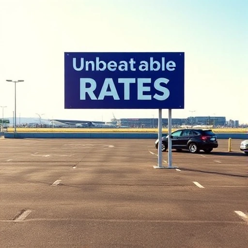 A modern airport parking lot with clear signage showing 'Unbeatable Rates', featuring clean, well-lit parking spaces, a few cars parked neatly, and a distant terminal building under a bright sky. The scene conveys affordability, convenience, and reliability without any text or numbers visible in the image.