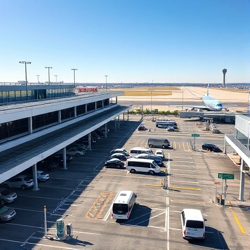 A modern airport parking area with clear signage, multiple levels of covered and uncovered parking spaces, electric vehicle charging stations, shuttle buses transporting travelers to terminals, and a distant view of airport runways and control tower under a bright daytime sky