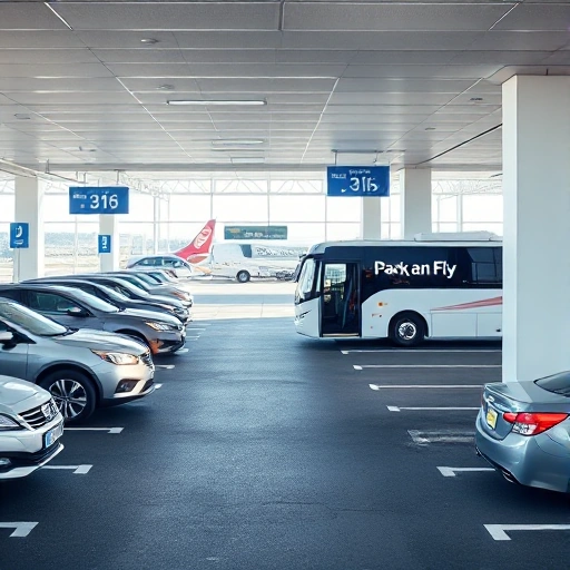 A modern airport parking area with cars parked in designated spaces, a shuttle bus transporting passengers to the terminal, clear signage for 'Park and Fly', bright daylight, clean asphalt, well-lit, no people visible in the frame, focus on vehicles and infrastructure