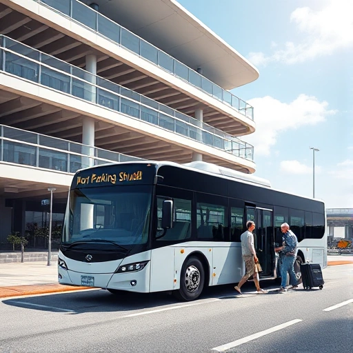 A modern shuttle bus with clear signage 'Airport Parking Shuttle' parked near a multi-level airport parking garage, with travelers boarding and luggage being loaded, under a bright daytime sky, realistic style
