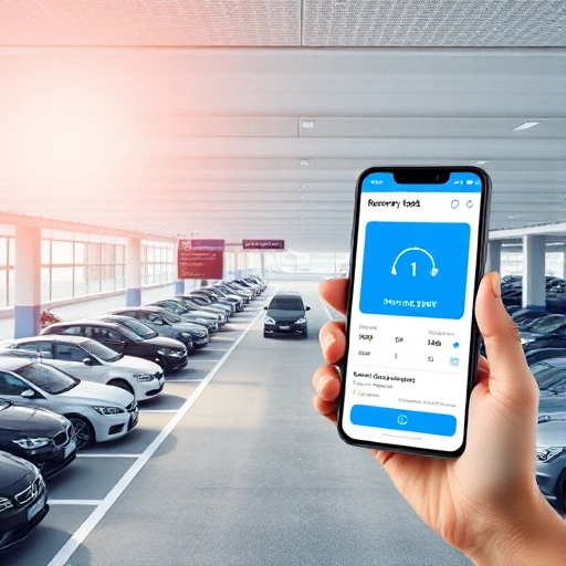 A modern airport parking lot with clear signage showing 'Reserve Your Spot', cars parked in organized rows, a digital display showing available spaces, and a smartphone screen overlay showing a parking reservation app interface, all in bright daylight with clean, professional aesthetics