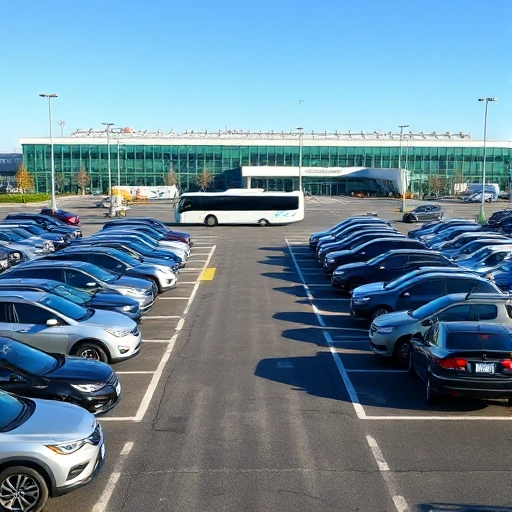 A modern airport parking lot with cars parked in organized rows, a shuttle bus transporting passengers to a terminal building in the background, clear blue sky, daytime lighting, realistic style, no text or signage visible