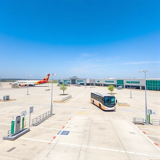 A modern airport parking area with clearly marked spaces, electric vehicle charging stations, and a shuttle bus transporting passengers to the terminal, under a clear blue sky with subtle airport signage in the background