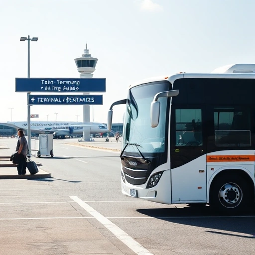 A modern shuttle bus arriving at an airport parking lot with clear signage pointing to terminal entrances, bright daylight, clean asphalt, minimal traffic, and a few travelers with luggage waiting nearby, all in a realistic, high-detail style